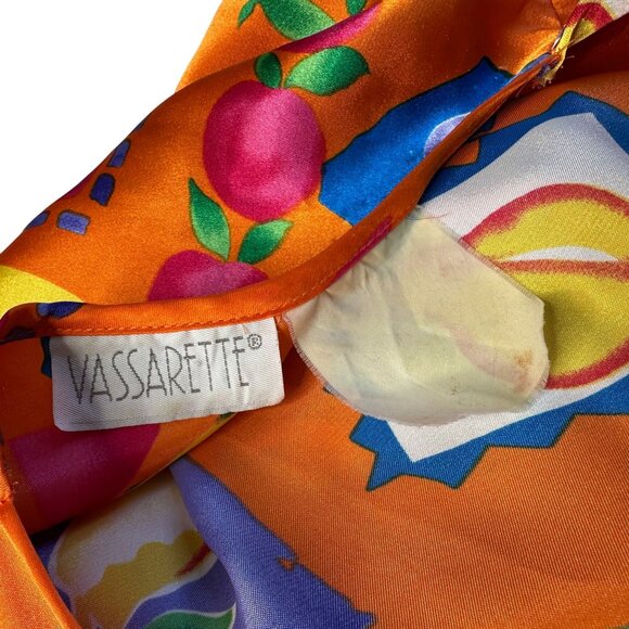 Vintage Vassarette Robe Size Large Kimono Fruit Colorful Orange Satin 90s Retro - Picture 5 of 9